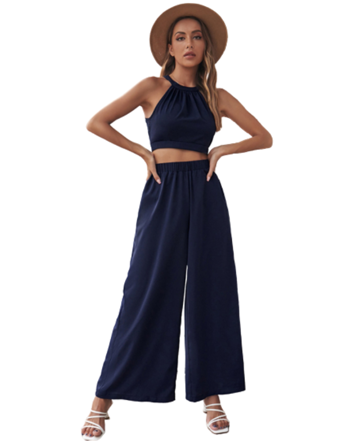 SHOPIQAT Cropped Halter-neck Top Wide Leg Pants Set - Premium from shopiqat - Just $8.900! Shop now at shopiqat